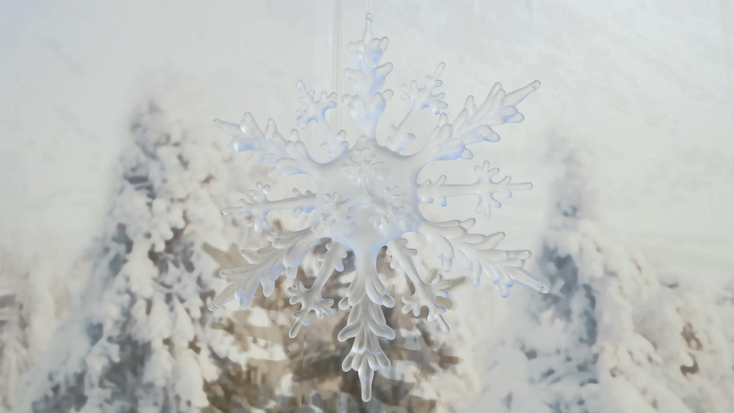 Sold in increments of 4; 9-inch frosted acrylic snowflake ornaments for commercial holiday displays