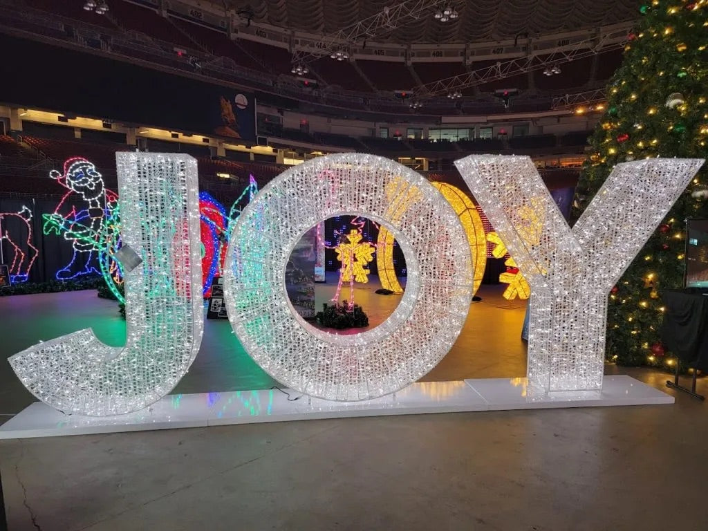 Dimensional JOY Illuminated Letter Photo Prop on Base for Outdoor Display - Customizable