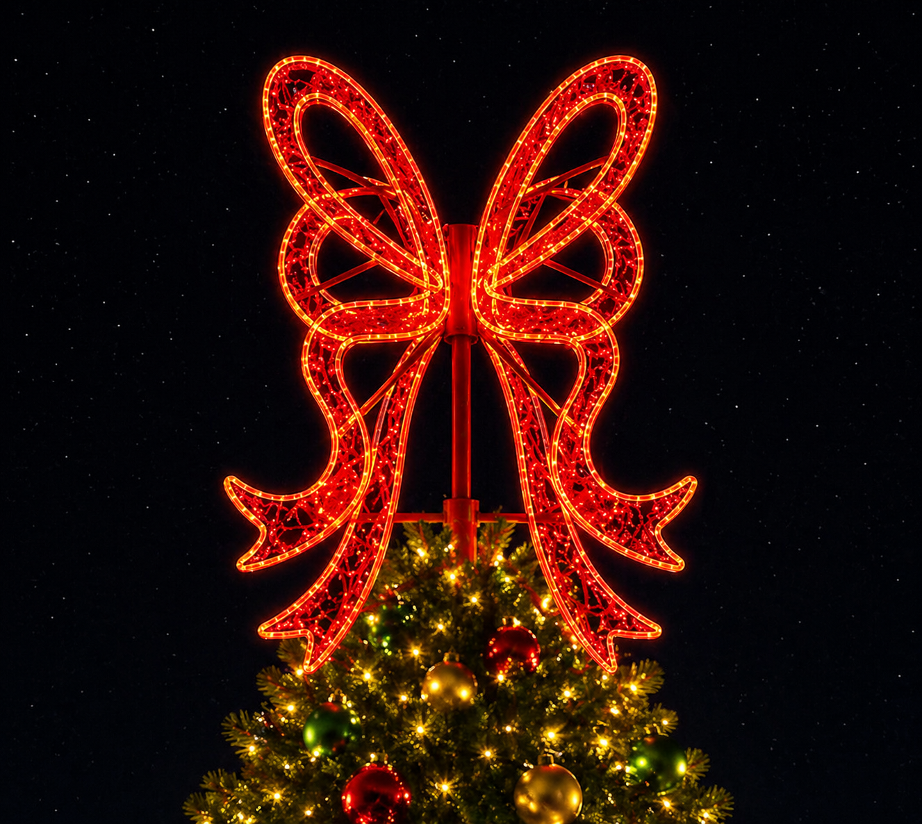 Decorative illuminated red bow on top of a Christmas tree with a dark background