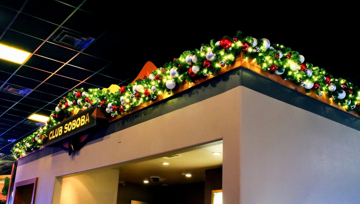 Candy Cane pre-decorated garland, 10' mountain pine section with red & silver ornaments and 150 warm white LEDs