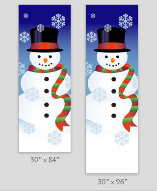 18 oz. reinforced vinyl banner with full-color snowman print, double-sided and produced on demand; minimum order quantity 10
