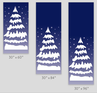 Captain navy marine acrylic banner with snowy pine tree white-ink screen print, double-sided; available in 30×60, 30×84, and 30×94-96 (custom sizes available)