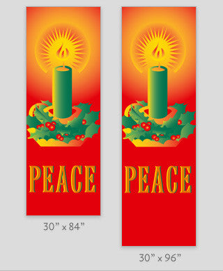 Red marine acrylic banner with vibrant yellow and green peace candle screen print, double-sided, sizes 30×60/30×84/30×94-96