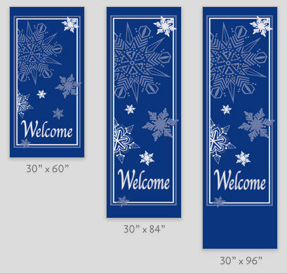 Ocean blue marine acrylic banner with white-ink snowflake art, double-sided; stock sizes 30 x 60, 30 x 84, 30 x 94-96