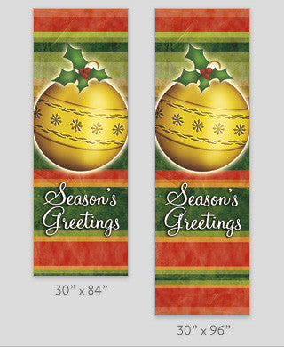 18 oz reinforced vinyl light pole banner, double-sided with same art both sides; available sizes 30" x 60", 30" x 84", 30" x 94-96"
