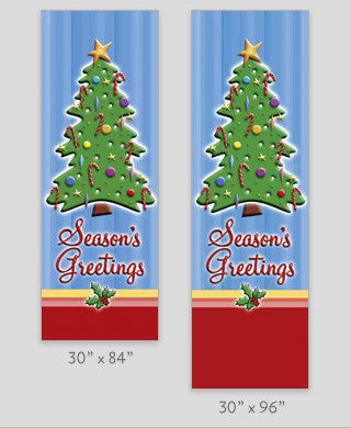 18 oz reinforced vinyl light pole banner; whimsical full-color digital print, double-sided. Sizes: 30×60, 30×84, 30×94-96