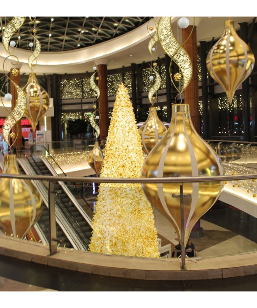 Mall Center Court Holiday Decor with Giant Inflatable Ornaments