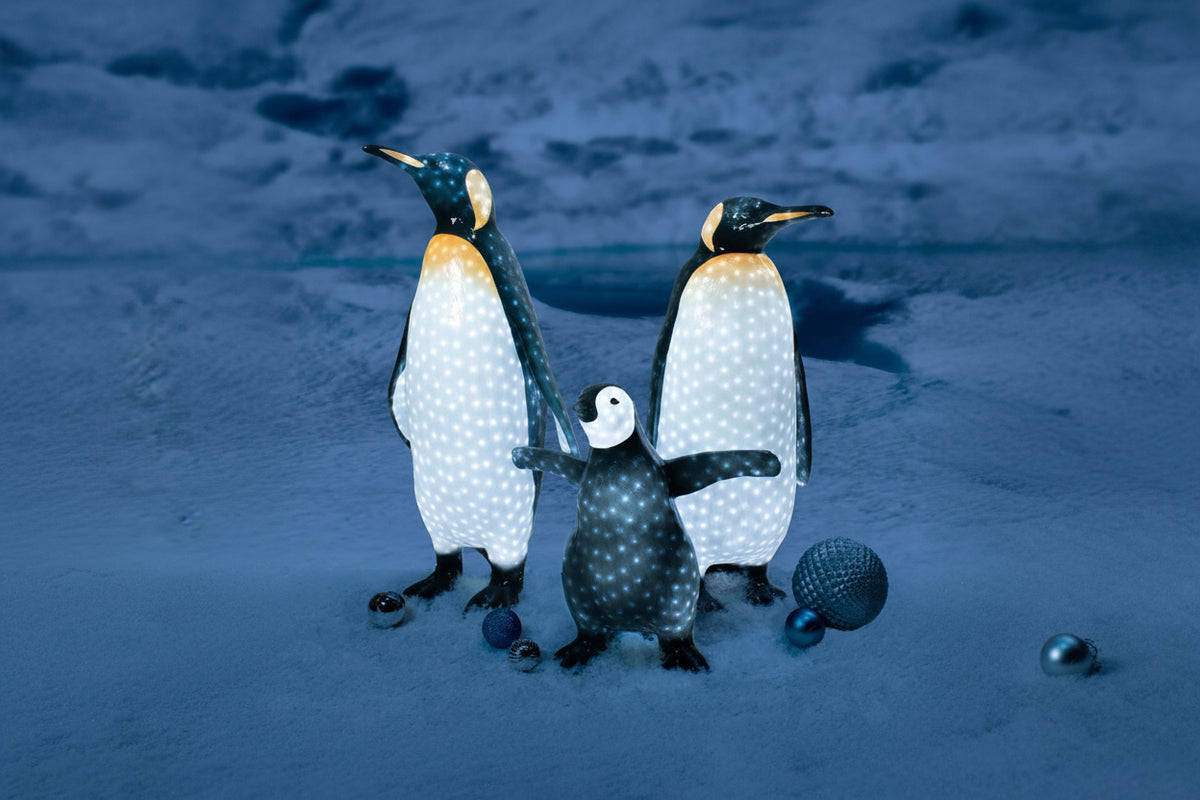 LED-illuminated acrylic Christmas penguin family sculpture featuring Daddy, Mommy, and Baby Penguin, ideal for outdoor holiday décor and whimsical winter wonderland displays. Part of our commercial-grade luxury Christmas penguin collection.