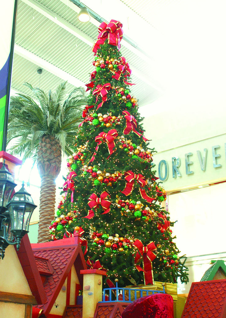 Giant Commercial Christmas Tree Decorated with Ornament Clusters