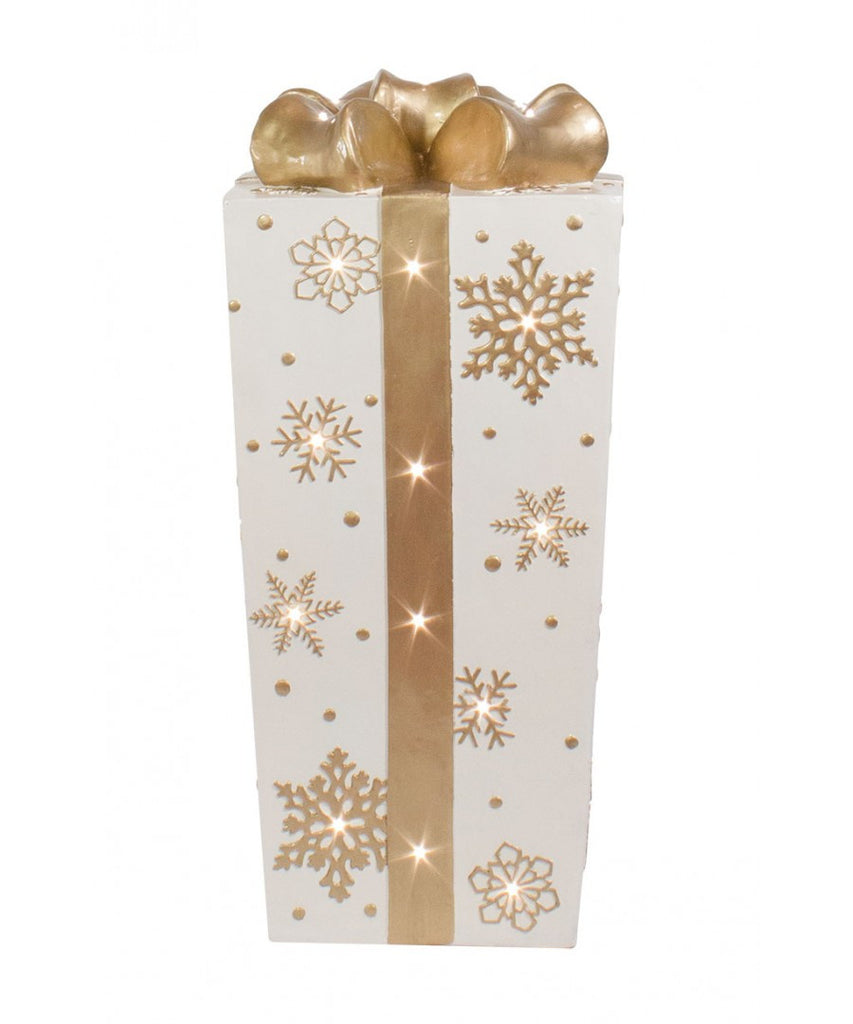 White Fiberglass Snowflake Gift Box with Gold Bow and LED Lights