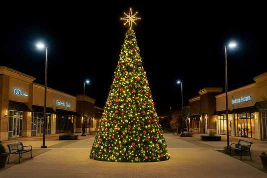 Decorated commercial panel tree lit with warm white LED mini lights