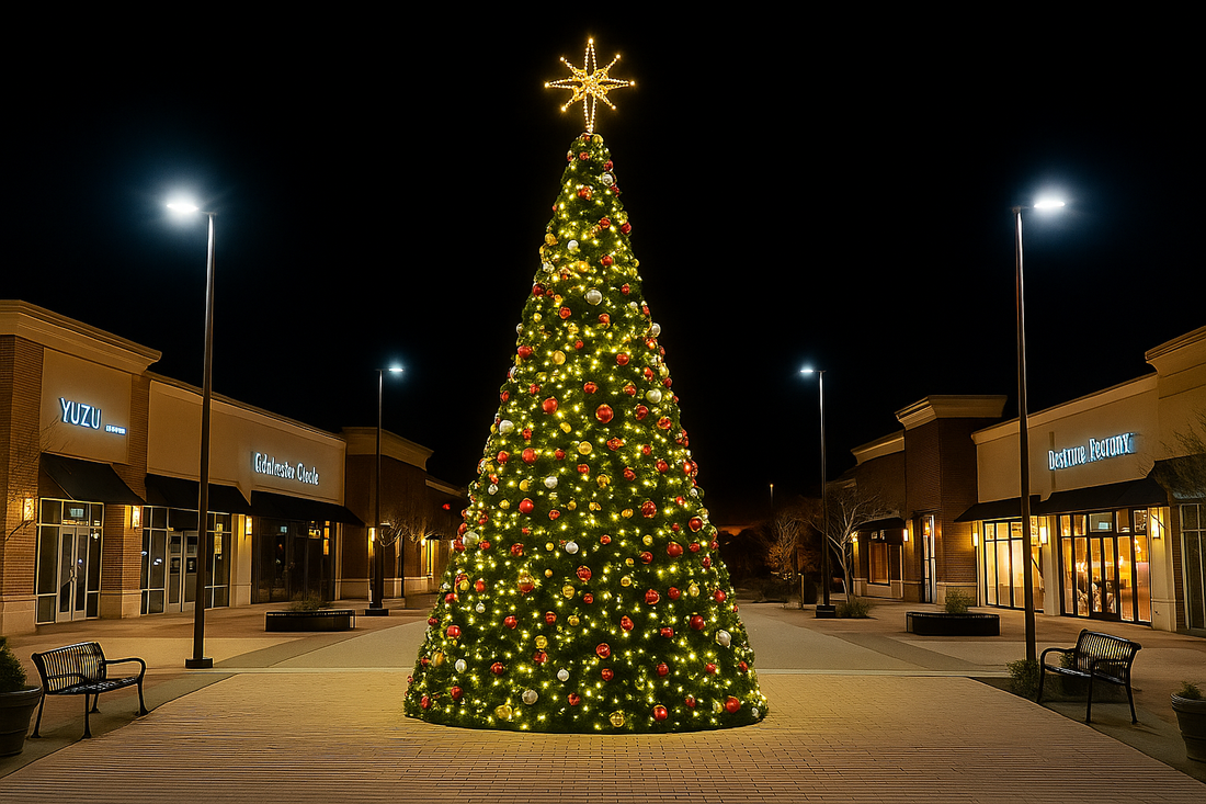 Commercial panel tree lit with warm white LED mini lights, the kind of centerpiece a city RFP specifies