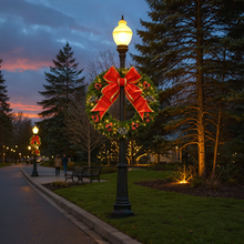 36in center-mount artificial lamppost wreath, pre-lit with 30 LED C7 bulbs, includes 18in red bow with gold trim