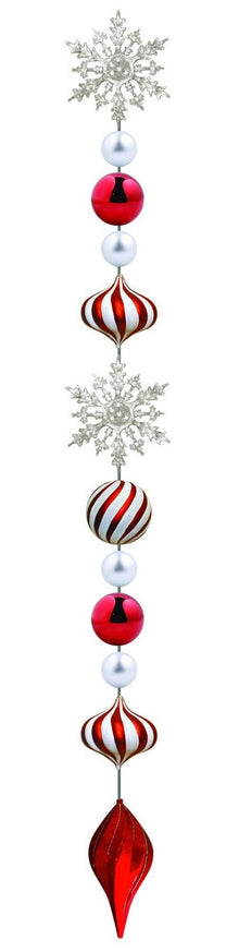 8' Candy Ornament Drop with Red Finial, matte silver and shiny red ornaments with candy-cane accents and frosted snowflakes