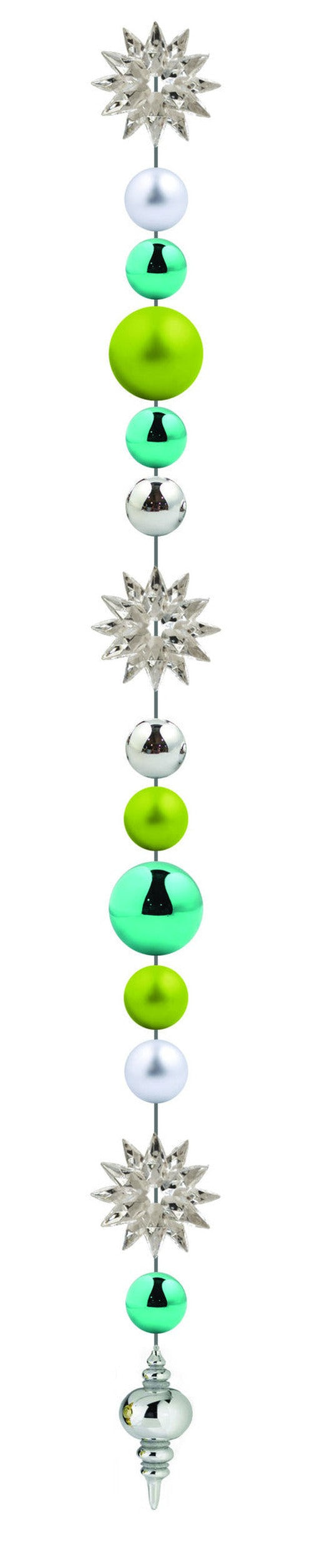 8' Coastal Ornament Drop with matte silver and shiny tropical green ball ornaments and acrylic snowflakes for indoor use