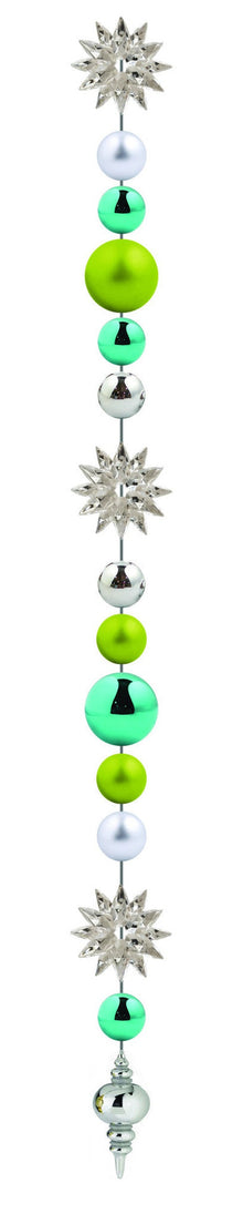 8' Coastal Ornament Drop with matte silver and shiny tropical green ball ornaments and acrylic snowflakes for indoor use
