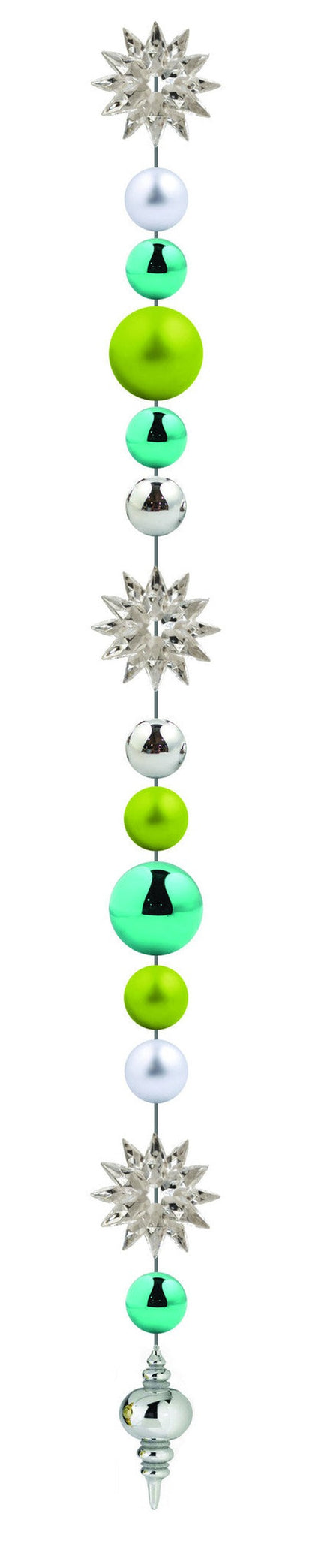 8' Coastal Ornament Drop with matte silver and shiny tropical green ball ornaments and acrylic snowflakes for indoor use