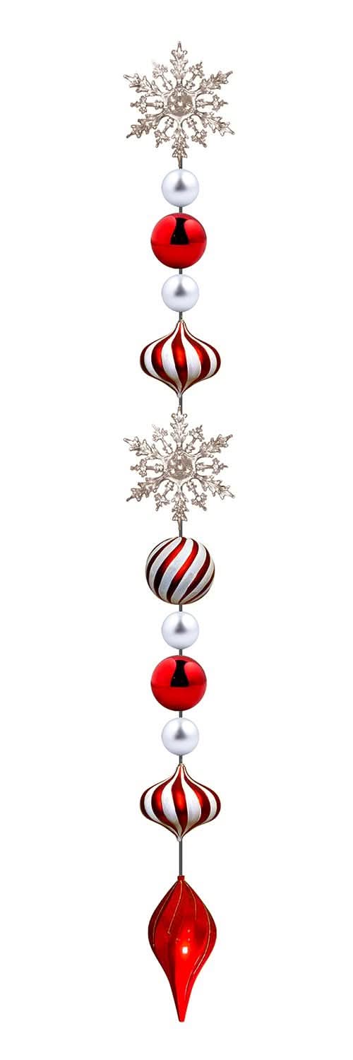 Candy Cane Ornament Drop, 8' string with silver and red ornaments, acrylic snowflakes and spiral finial, outdoor use