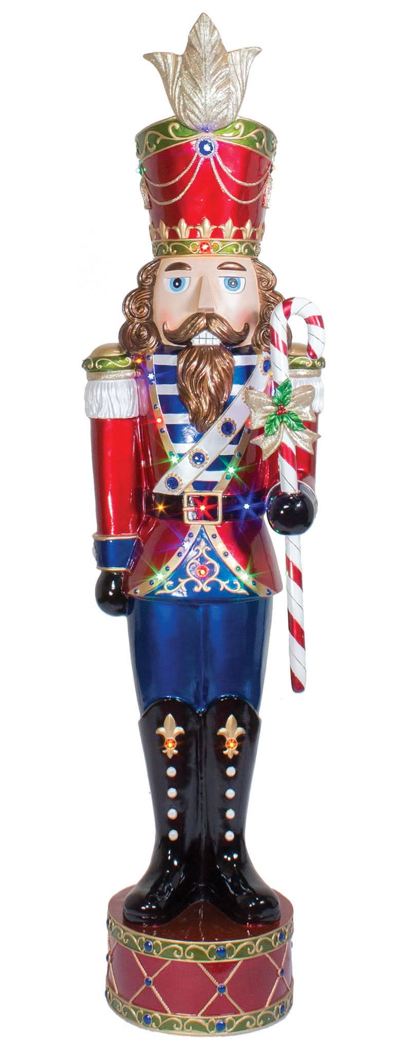 Fiberglass 92" nutcracker figure with jeweled decorative details and built-in multicolor LED lights