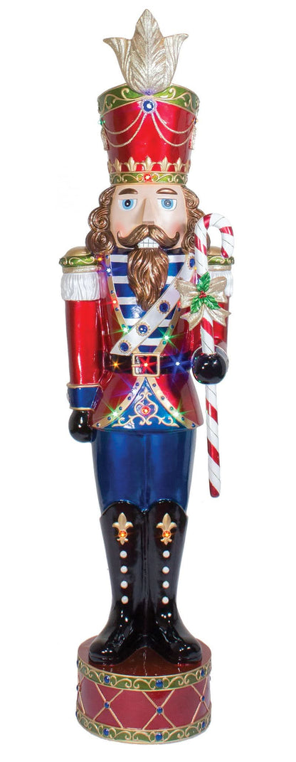 Fiberglass 92" nutcracker figure with jeweled decorative details and built-in multicolor LED lights