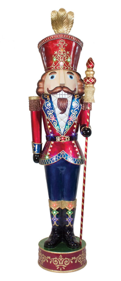 Outdoor 92" suited nutcracker for hotel entrances, storefronts, municipal displays and event sites; lit with multicolor LEDs