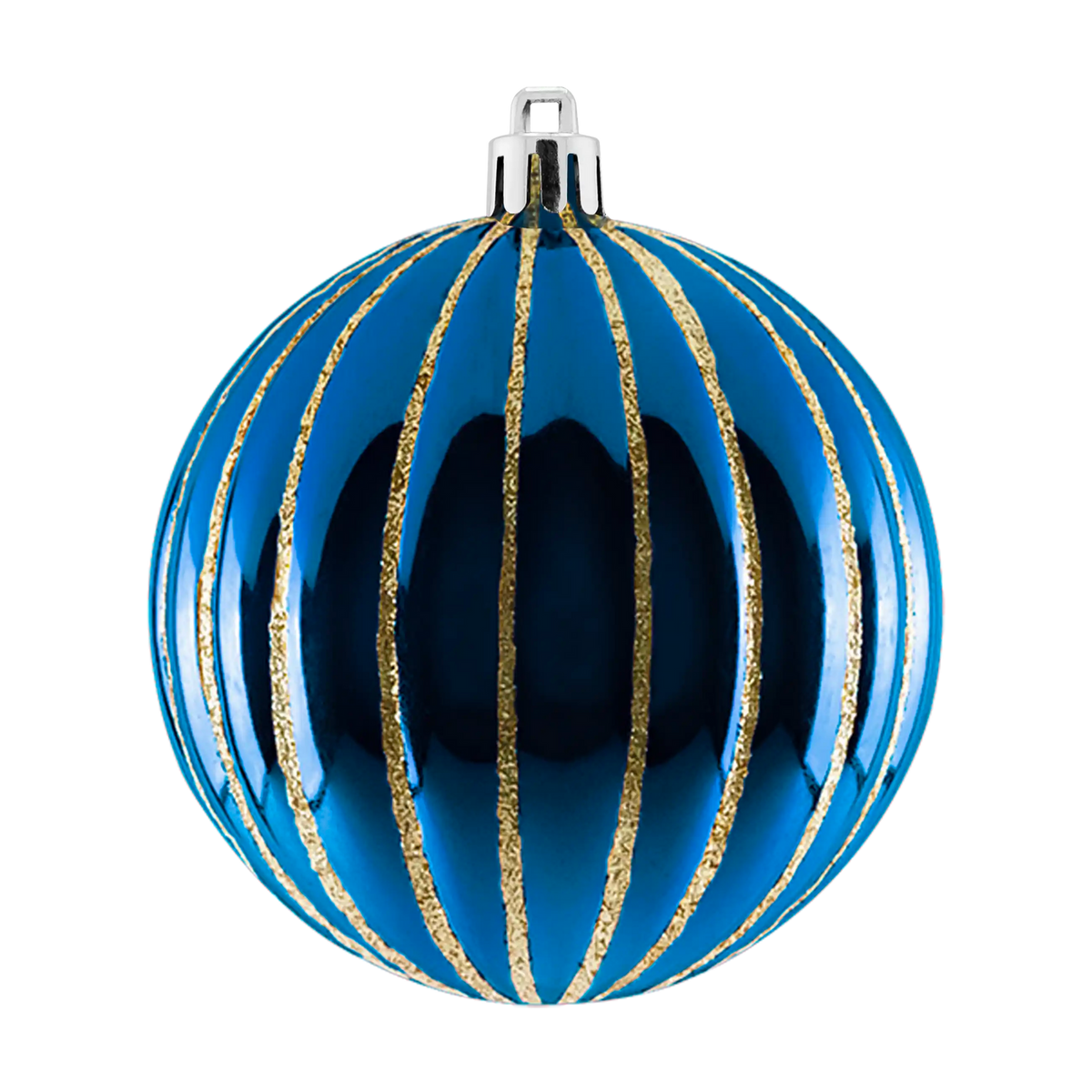 Ribbed commercial ornaments, set of 12, 3.25 and 4 in; reflective, textured finish, drilled and pre-stemmed, UV-treated.