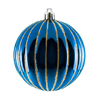 Ribbed commercial ornaments, set of 12, 3.25 and 4 in; reflective, textured finish, drilled and pre-stemmed, UV-treated.