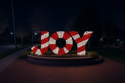 Giant Illuminated JOY Holiday Decoration in Red and White Candy Stripe for Outdoor Commercial Use