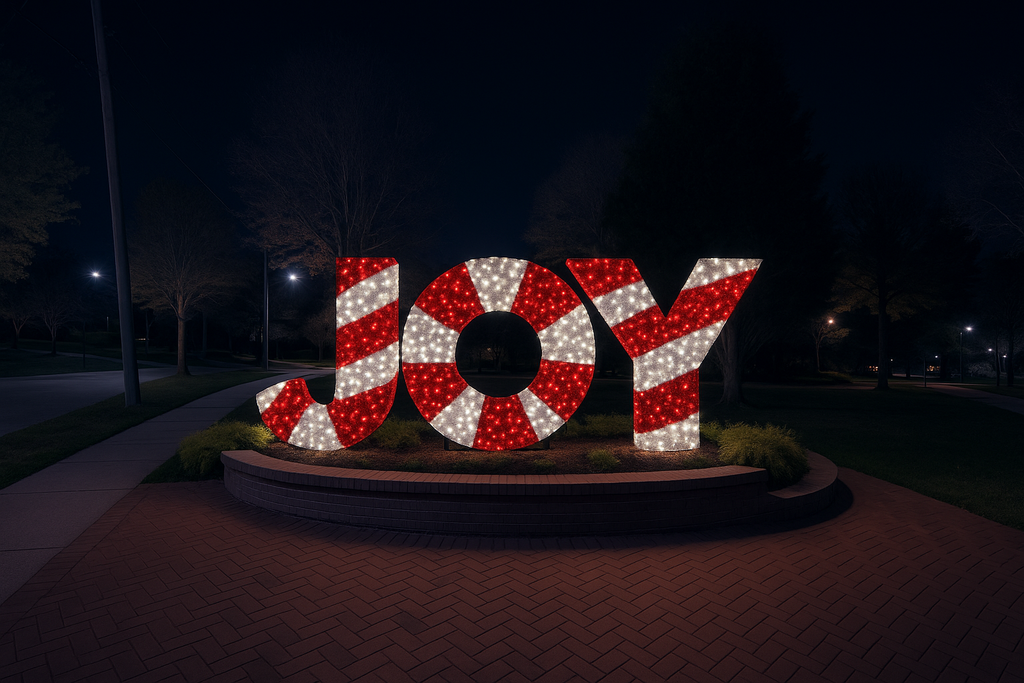 Giant Illuminated JOY Holiday Decoration in Red and White Candy Stripe for Outdoor Commercial Use