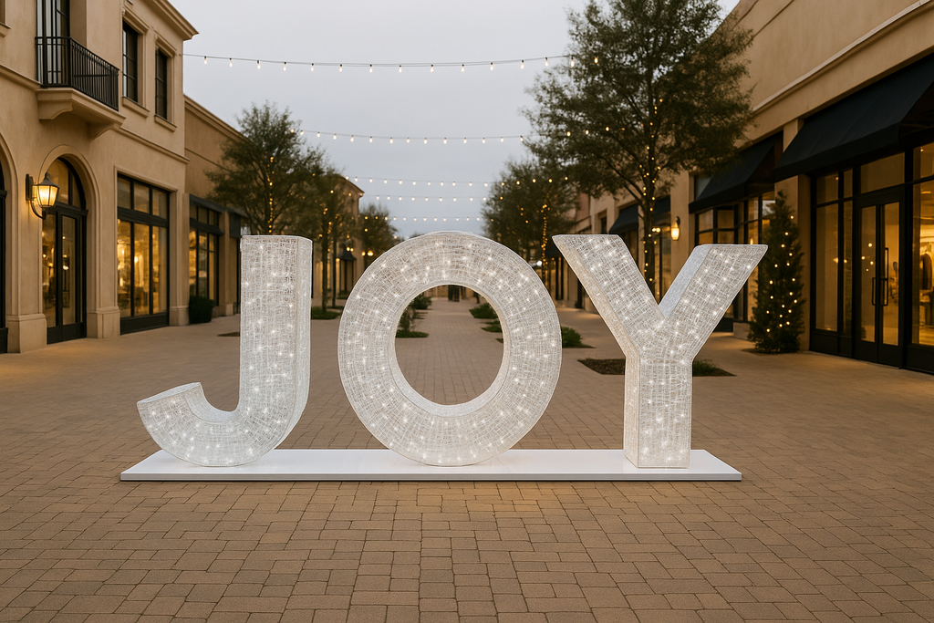 Giant JOY Holiday prop decor for outdoor shopping center, event center, downtown.  Customizable LED Lighting.
