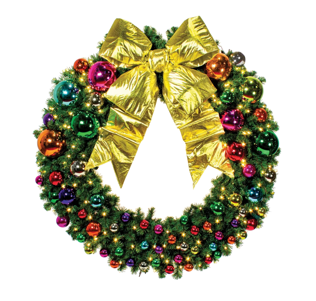 A green artificial Christmas wreath decorated with a large shiny gold bow, colorful metallic ornaments in red, green, blue, purple, and orange, and small warm white string lights, isolated on a white background.