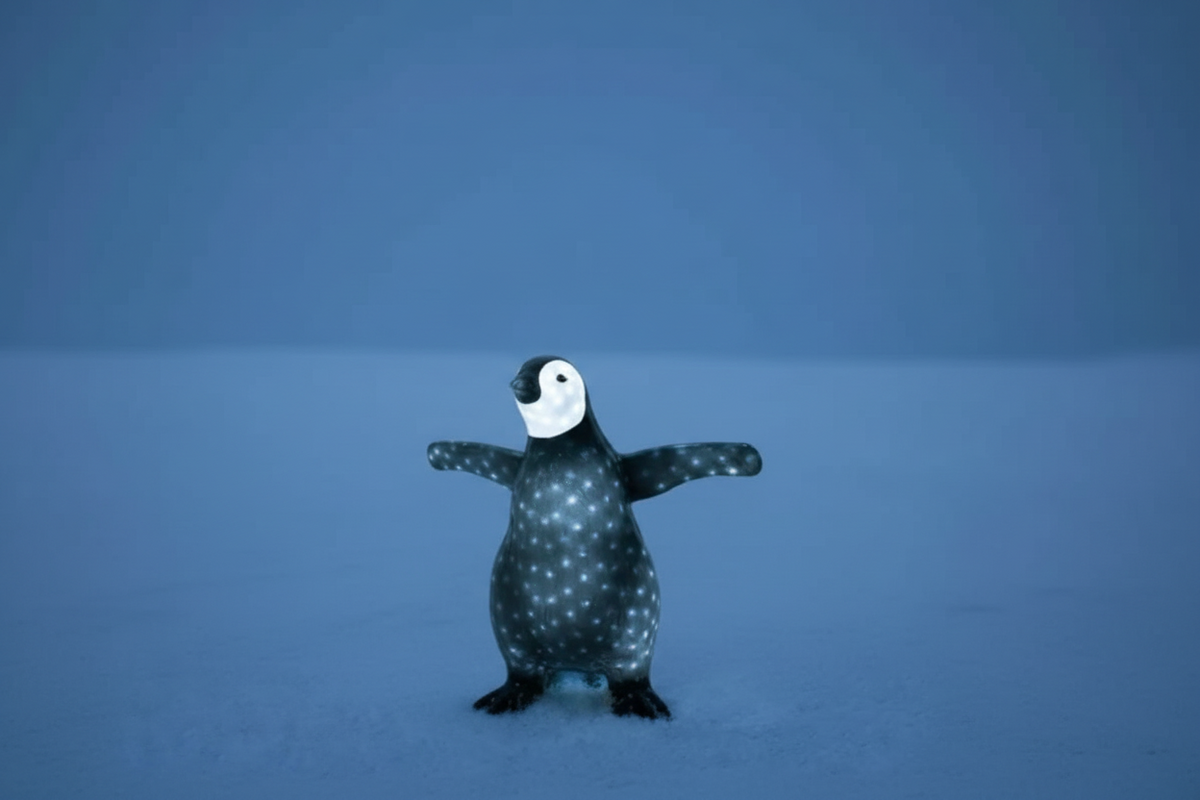 LED-illuminated acrylic Baby Penguin Christmas sculpture, ideal for outdoor holiday décor and whimsical winter wonderland displays. Part of our commercial-grade luxury Christmas penguin collection.