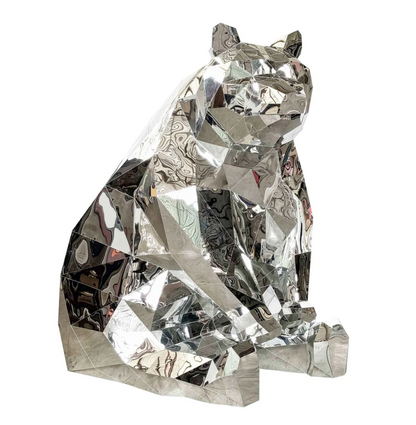 Silver Mirror Polar Bear Prop, 7' H x 4.41' W reflective photo-op with mirrored geometric facets.