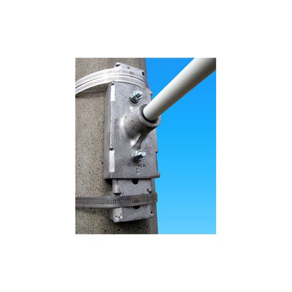 BannerMASTER Dual-Plate bracket system for one- or two-banner poles; fiberglass rods, cast-aluminum plates, SS clamps