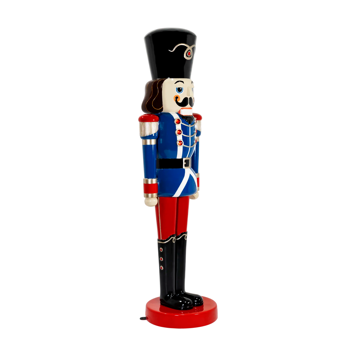 Fiberglass construction holiday nutcracker prop with painted, sculpted detailing; commercial-grade and unlit