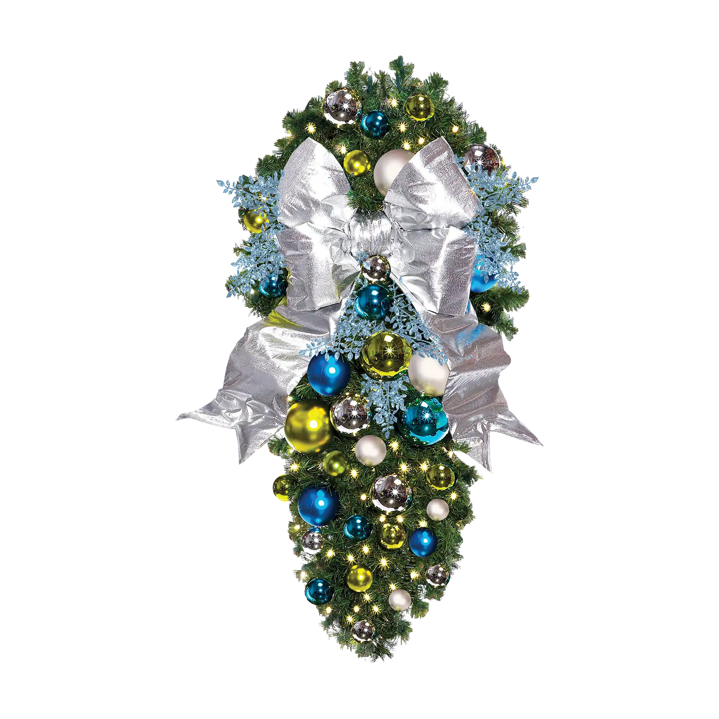 Decorated 4' Coastal Spray with 18" red bow, pre-decorated pine foliage with turquoise, apple green and silver ornaments