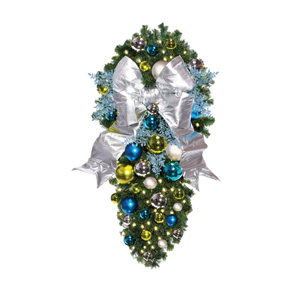 Decorated 4' Coastal Spray with 18" red bow, pre-decorated pine foliage with turquoise, apple green and silver ornaments