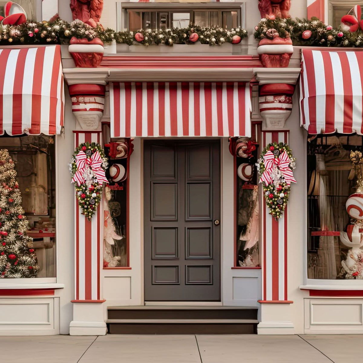 Decorated 4' Candy Cane Spray with 18" red striped bow and warm white LED mini lights (50 bulbs, 15W)