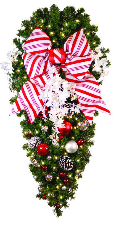 Decorated 4' Candy Cane Spray pine garland with 18" candy-cane striped bow and warm-white LED miniature lights (50 bulbs)