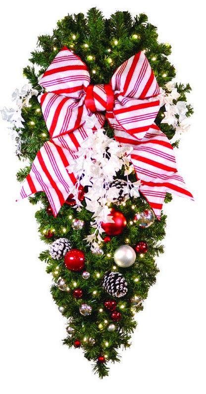 Decorated 4' Candy Cane Spray pine garland with 18" candy-cane striped bow and warm-white LED miniature lights (50 bulbs)