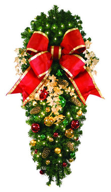 Decorated 4-foot classic pine spray with 18-inch red structural bow trimmed in gold and warm white LED mini lights, 150 bulbs.