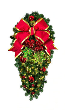 Holly Leaf Spray with Bow, 4' mountain pine, pre-lit 100 warm white LEDs, metal holly leaves, red bow with gold trim