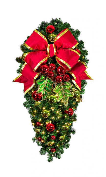 Holly Leaf Spray with Bow, 4' mountain pine, pre-lit 100 warm white LEDs, metal holly leaves, red bow with gold trim