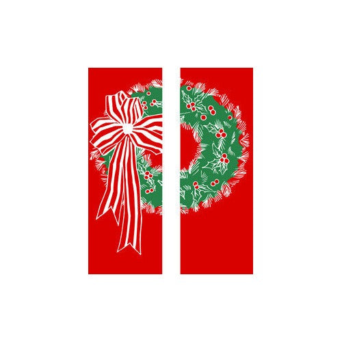 Double Wreath Light Pole Banner (Double Set) , double-sided with different art each side; white & green screen print on red marine acrylic