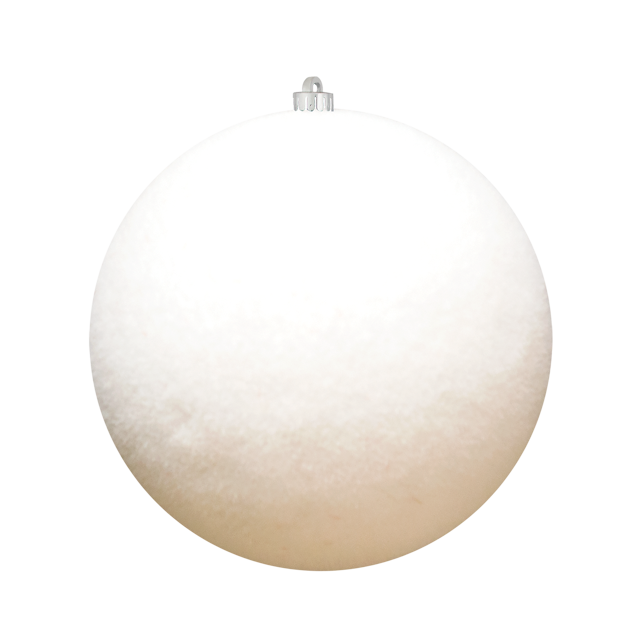Flocked round ornaments, 3.25-6 in, red and white options, pre-drilled and pre-stemmed, sold in sets of 12