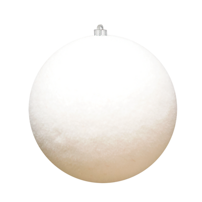 Flocked round ornaments, 3.25-6 in, red and white options, pre-drilled and pre-stemmed, sold in sets of 12