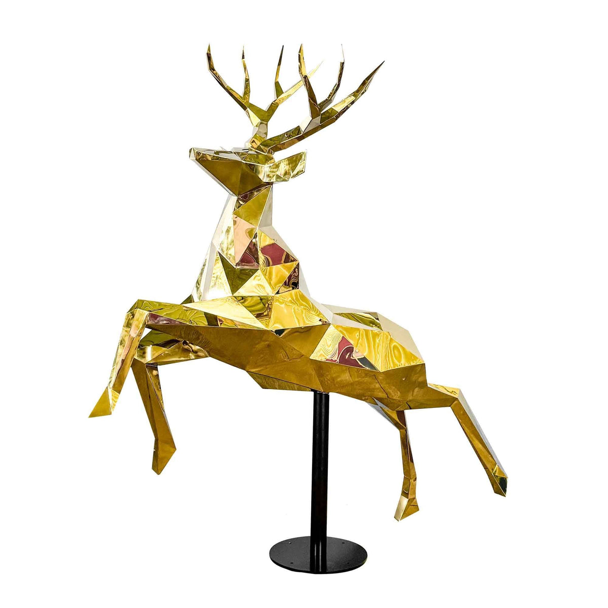 Gold Mirror Flying Reindeer Prop, gold reflective faceted geometric sculpture for photo-ops, 6' H x 5.59' W, base included
