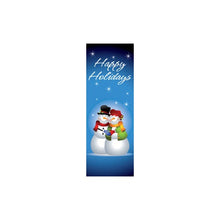 Happy Snow Couple light pole banner , double-sided full-color print; stock sizes 30×60, 30×84, 30×94-96 inches