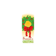 Holiday Wreath & Bow light pole banner, double-sided full-color digital print on 18 oz reinforced vinyl; sizes 30x60, 30x84, 30x94-96; min order 10