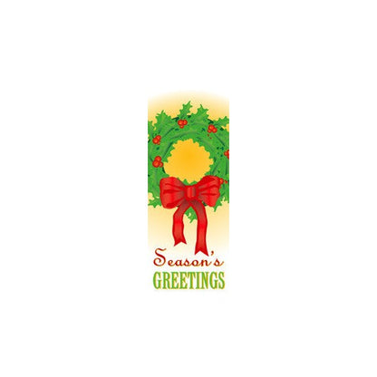 Holiday Wreath & Bow light pole banner, double-sided full-color digital print on 18 oz reinforced vinyl; sizes 30x60, 30x84, 30x94-96; min order 10